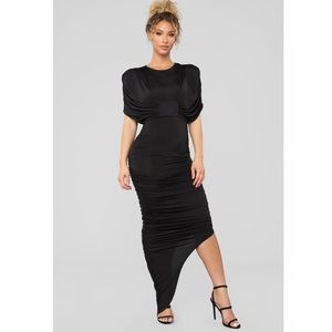 Ruched asymmetrical dress with shoulder pads